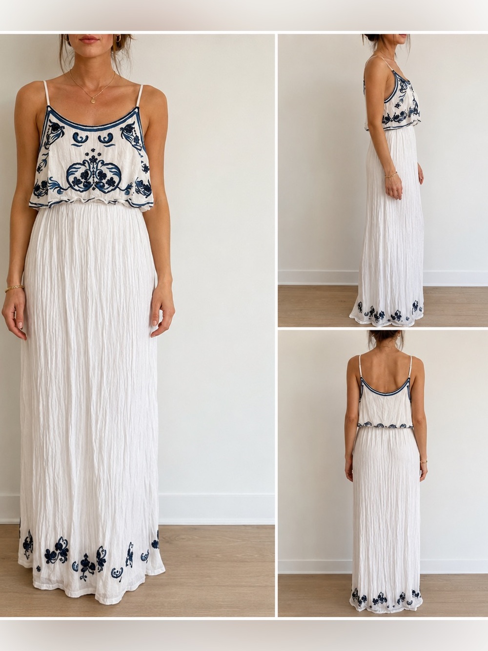 Dex White and Blue Embroidered beaded Sun Dress size medium - Picture 1 of 8